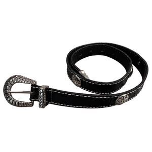 Western Black Leather Belt-Womens Small 28"-Silver Medallion Silver Tone Buckle